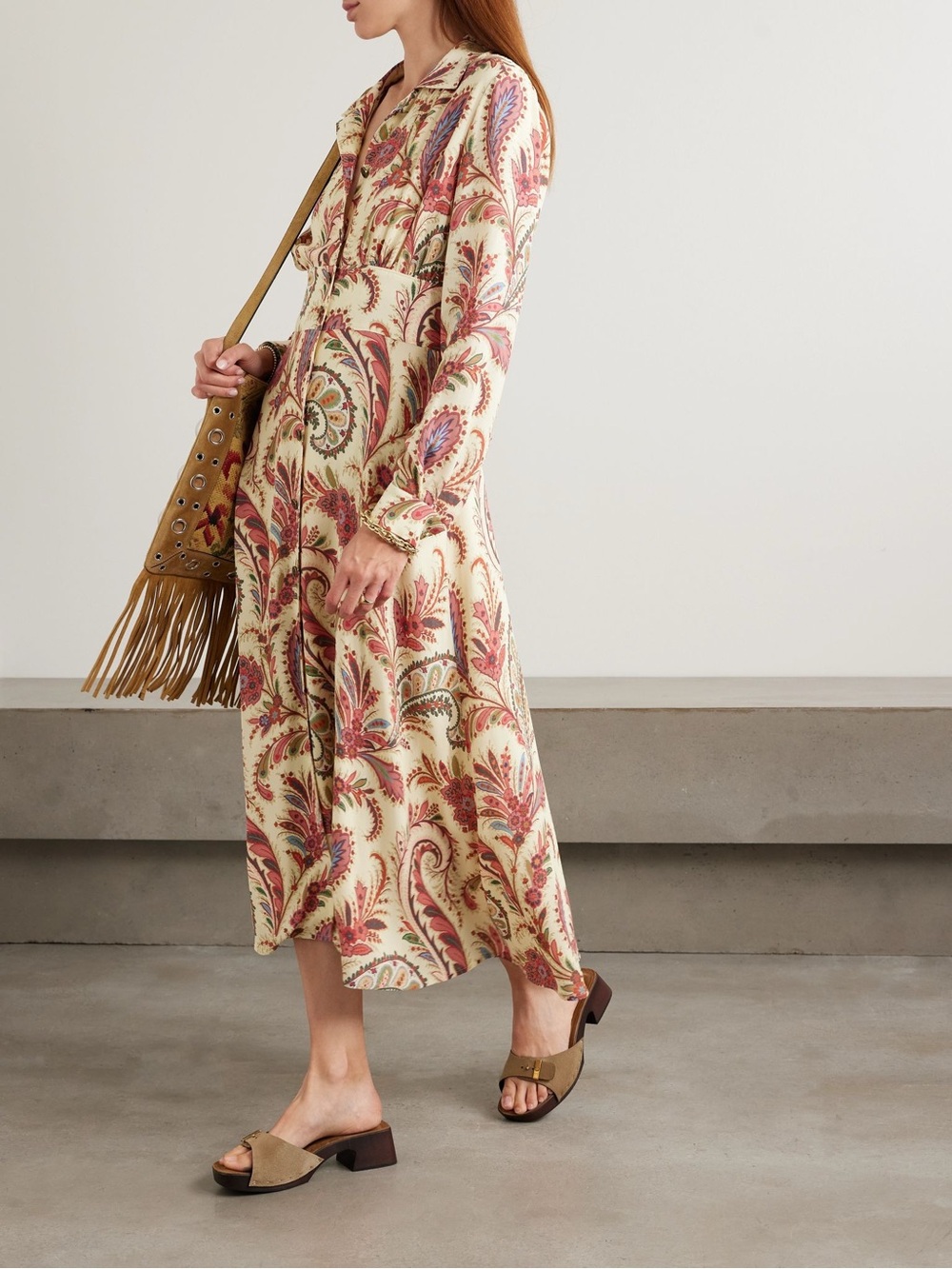 NWOT ETRO Etro Cream Paisley Button-Front Down Midi Dress 48